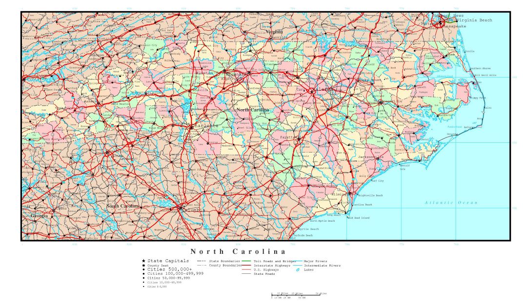 Large detailed administrative map of North Carolina state with roads, highways and major cities