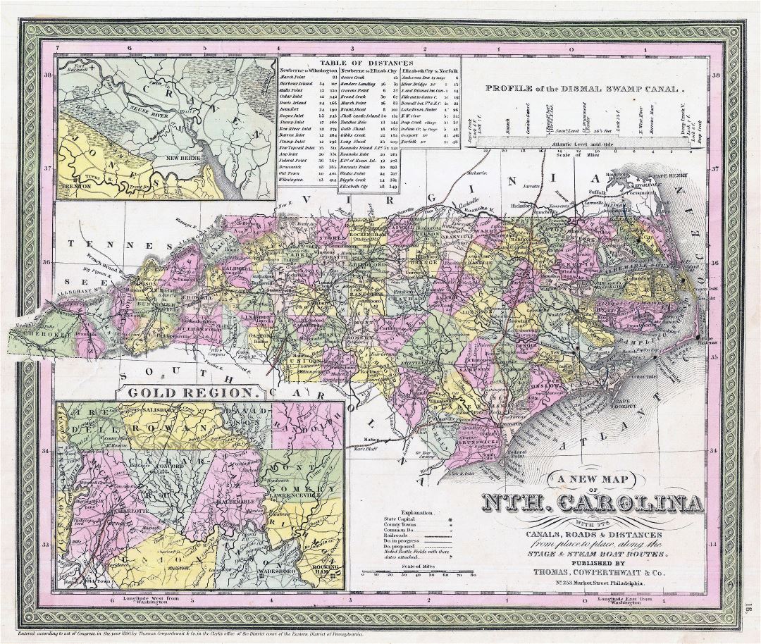 Large detailed old administrative map of North Carolina state with railroads, cities and towns - 1850