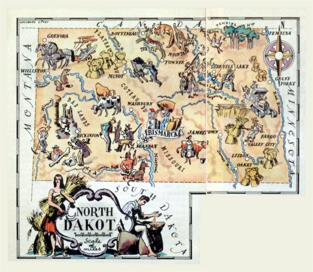 Detailed tourist illustrated map of North Dakota state