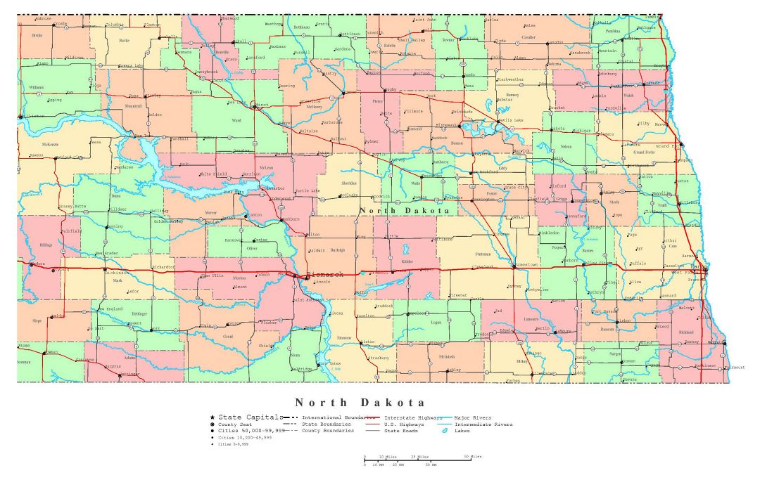 Large detailed administrative map of North Dakota state with roads, highways and cities