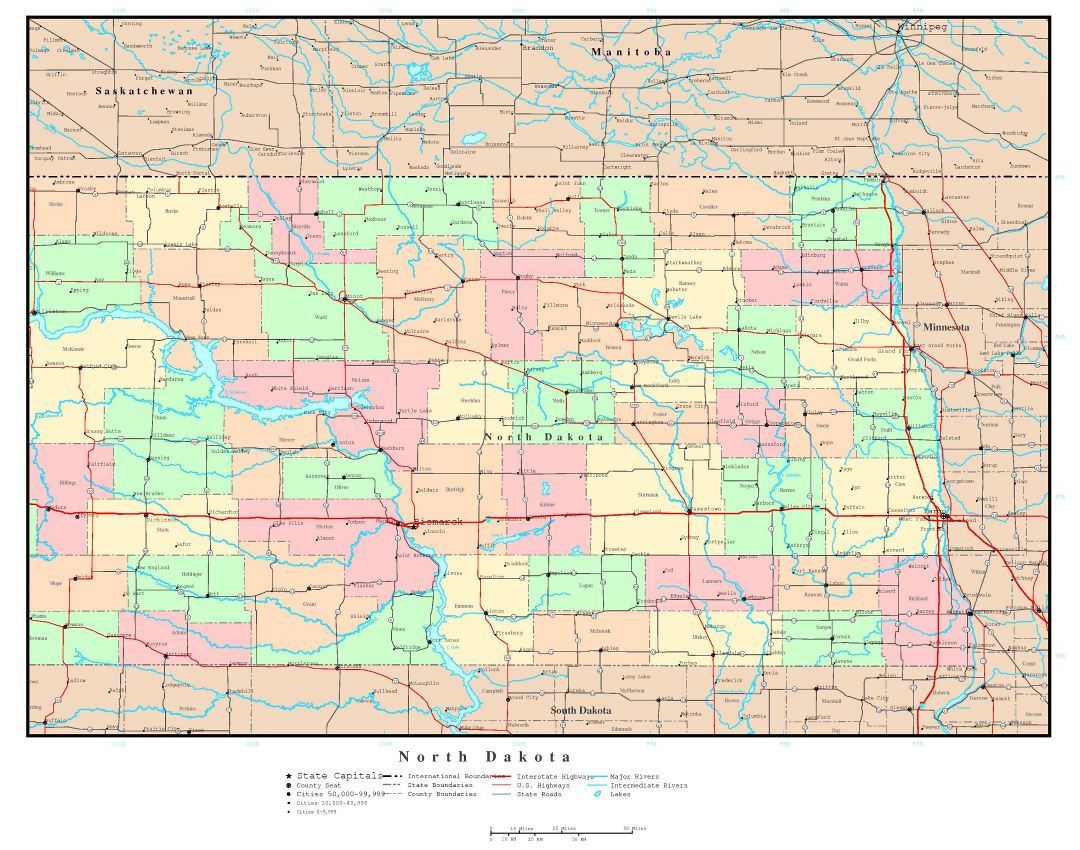 Large detailed administrative map of North Dakota state with roads, highways and major cities