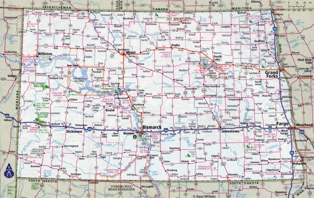 Large detailed roads and highways map of North Dakota state with all cities