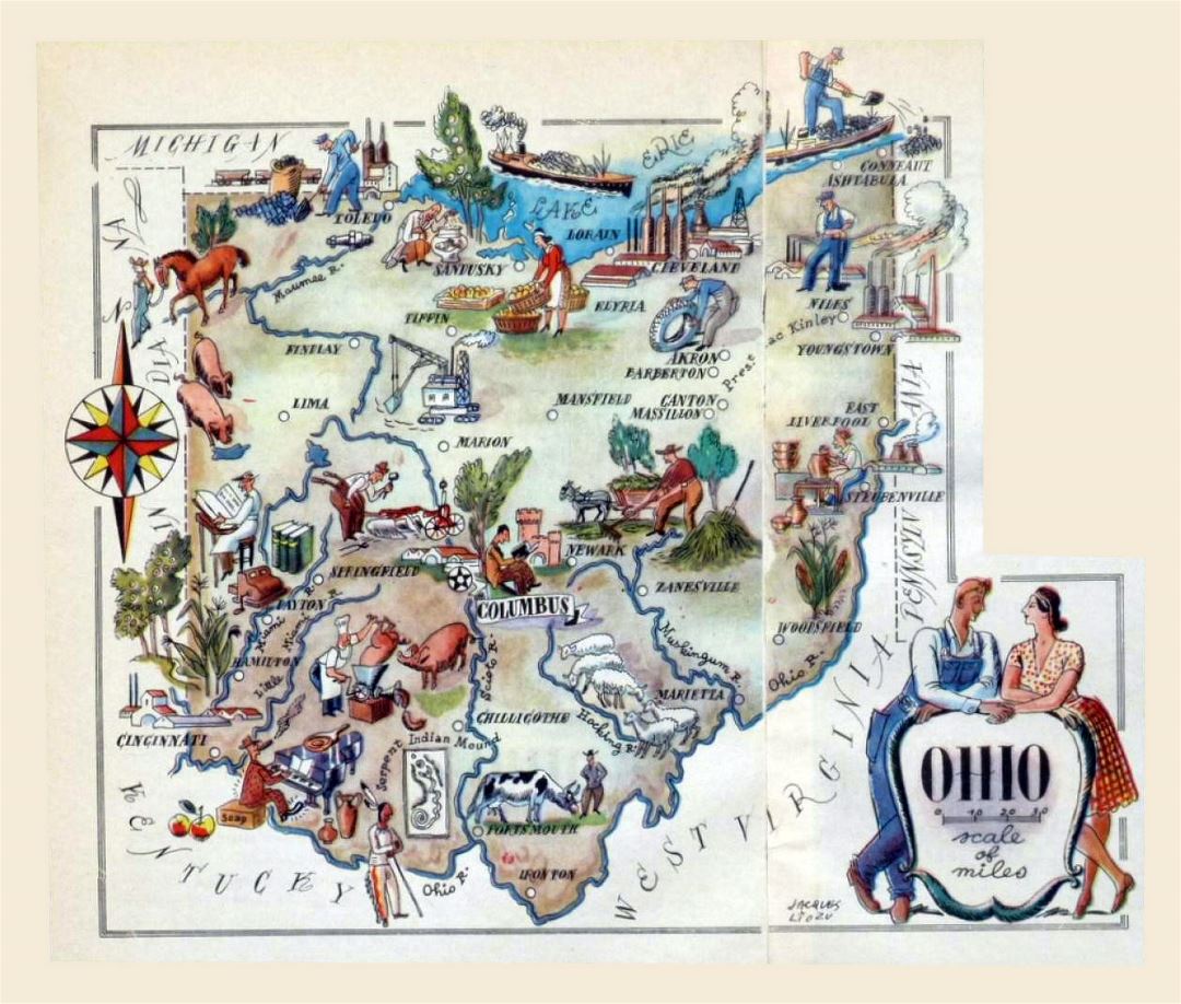 Detailed tourist illustrated map of Ohio state