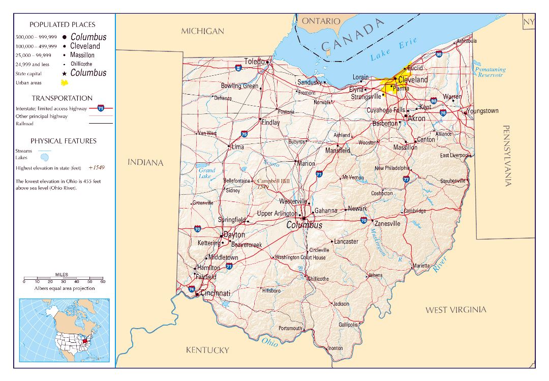 Large detailed map of Ohio state