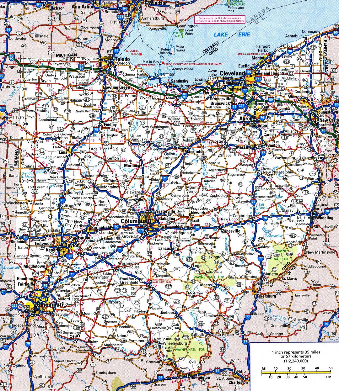 Large detailed roads and highways map of Ohio state with all cities and national parks