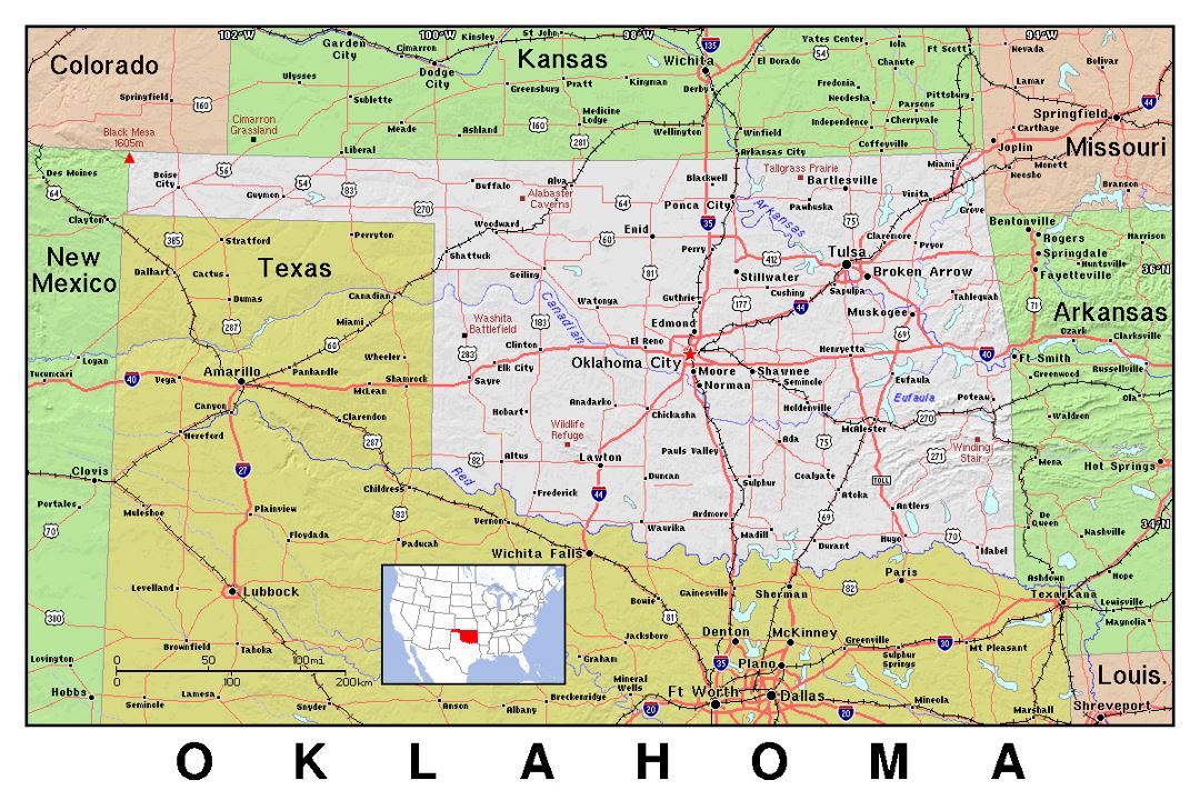 Detailed map of Oklahoma state with relief