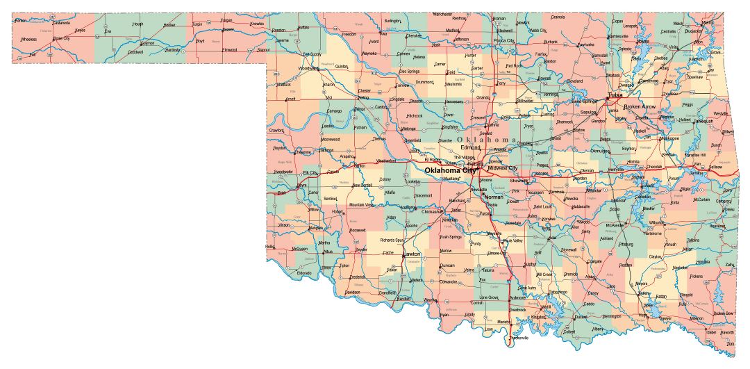 Large administrative map of Oklahoma state with roads, highways and cities