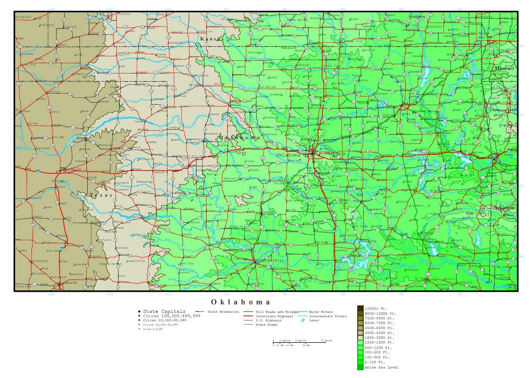Large detailed elevation map of Oklahoma state with roads, highways and cities