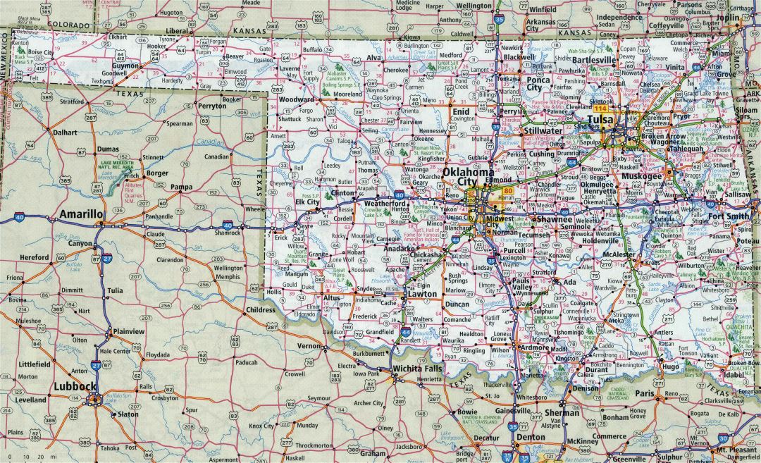 Large detailed roads and highways map of Oklahoma state with all cities