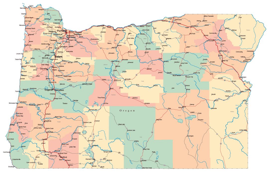 Large administrative map of Oregon state with roads, highways and cities