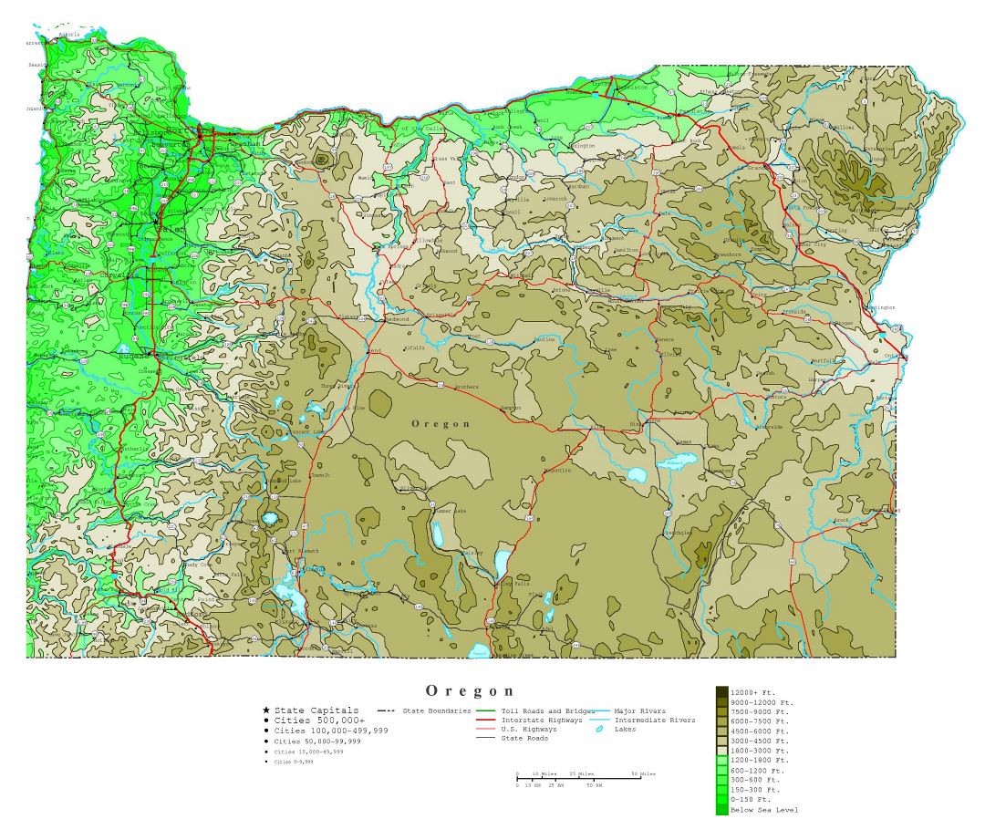 Large detailed elevation map of Oregon state with roads, highways and all cities