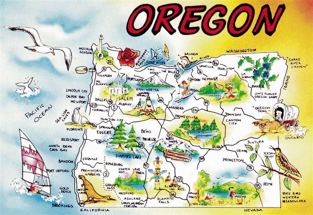 Large tourist illustrated map of Oregon state