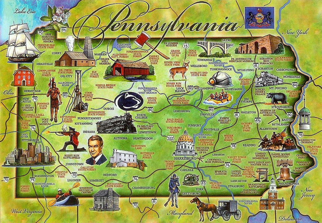 Detailed tourist illustrated map of Pennsylvania state