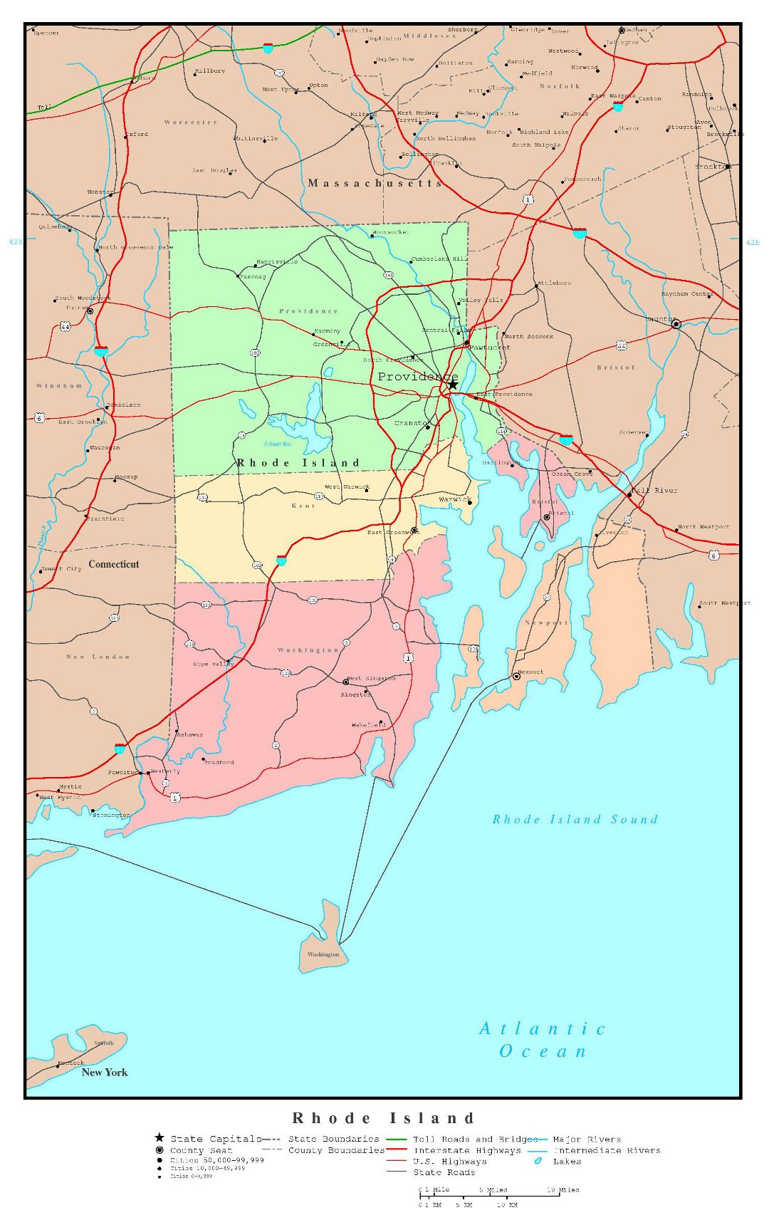 Large detailed administrative map of Rhode Island state with roads, highways and major cities