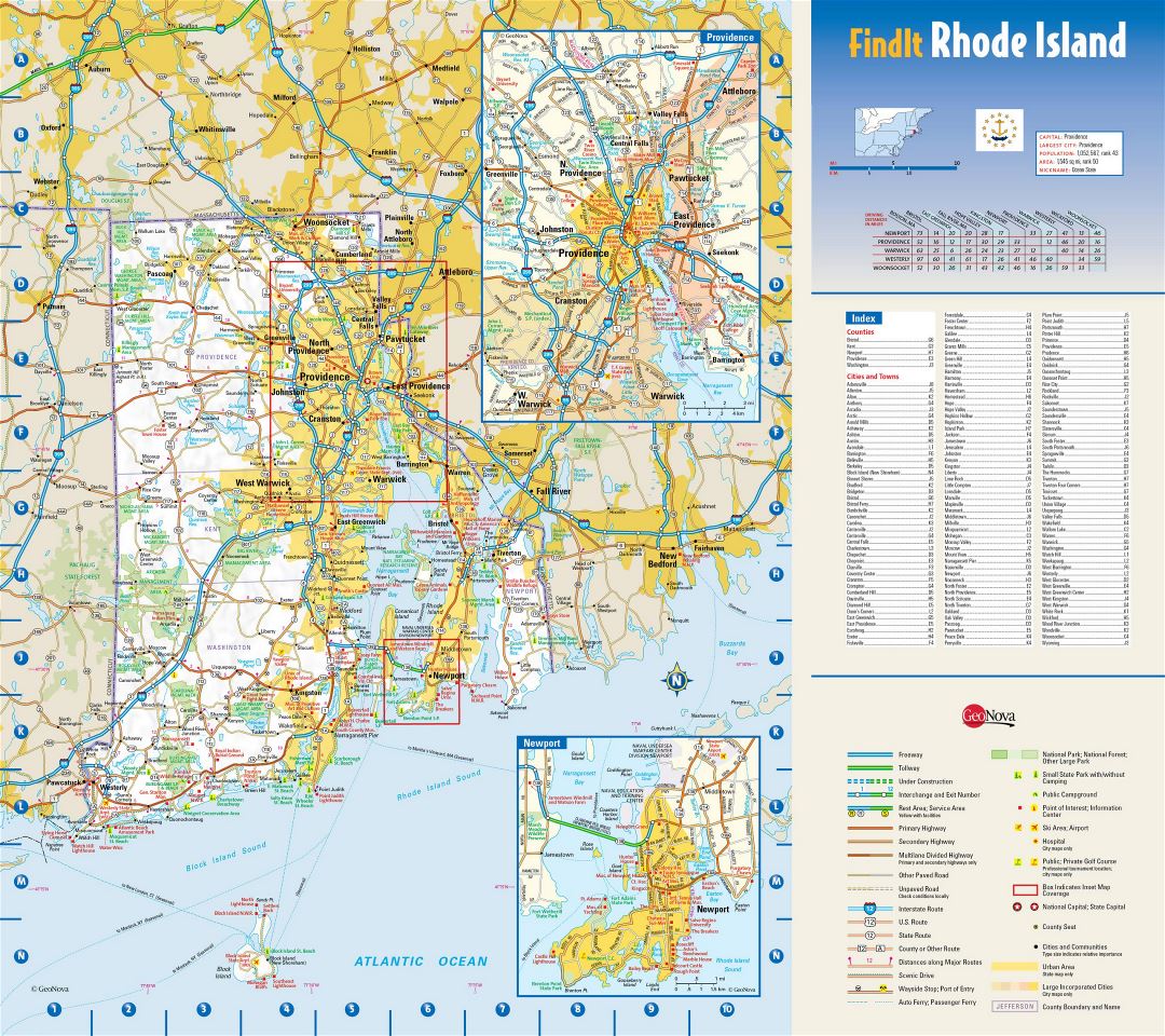 Large detailed roads and highways map of Rhode Island state with national parks, all cities, towns and villages