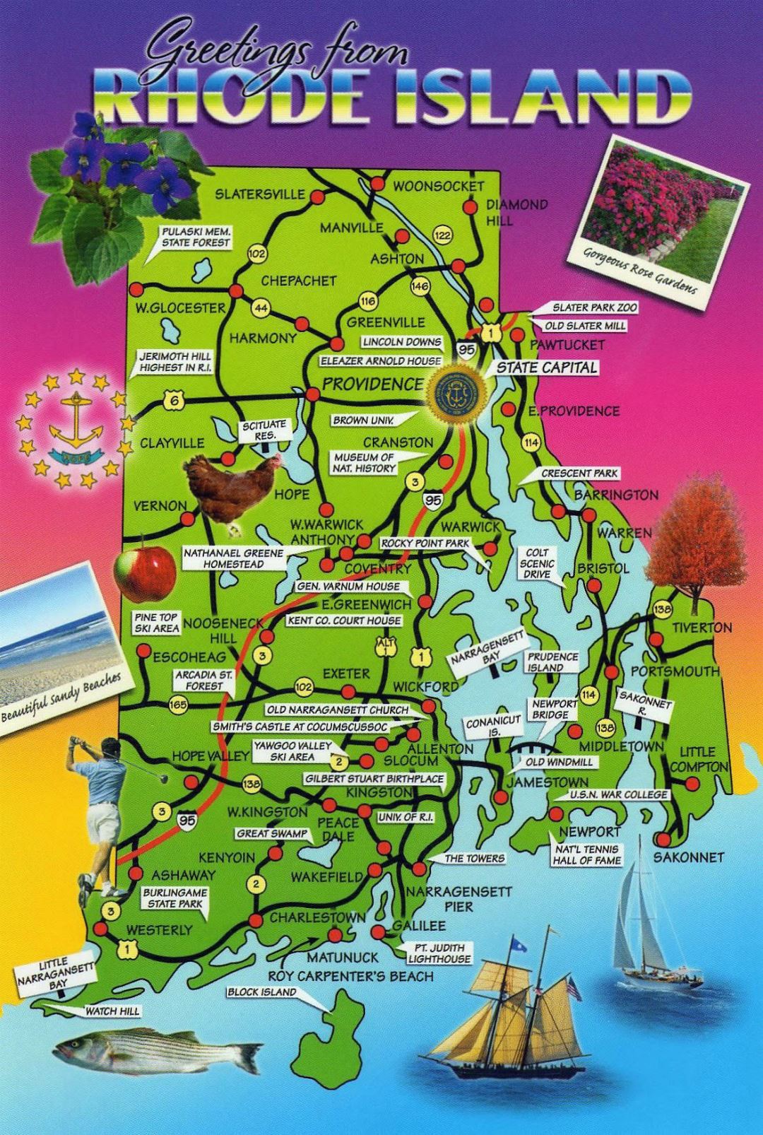Large tourist map of Rhode Island state