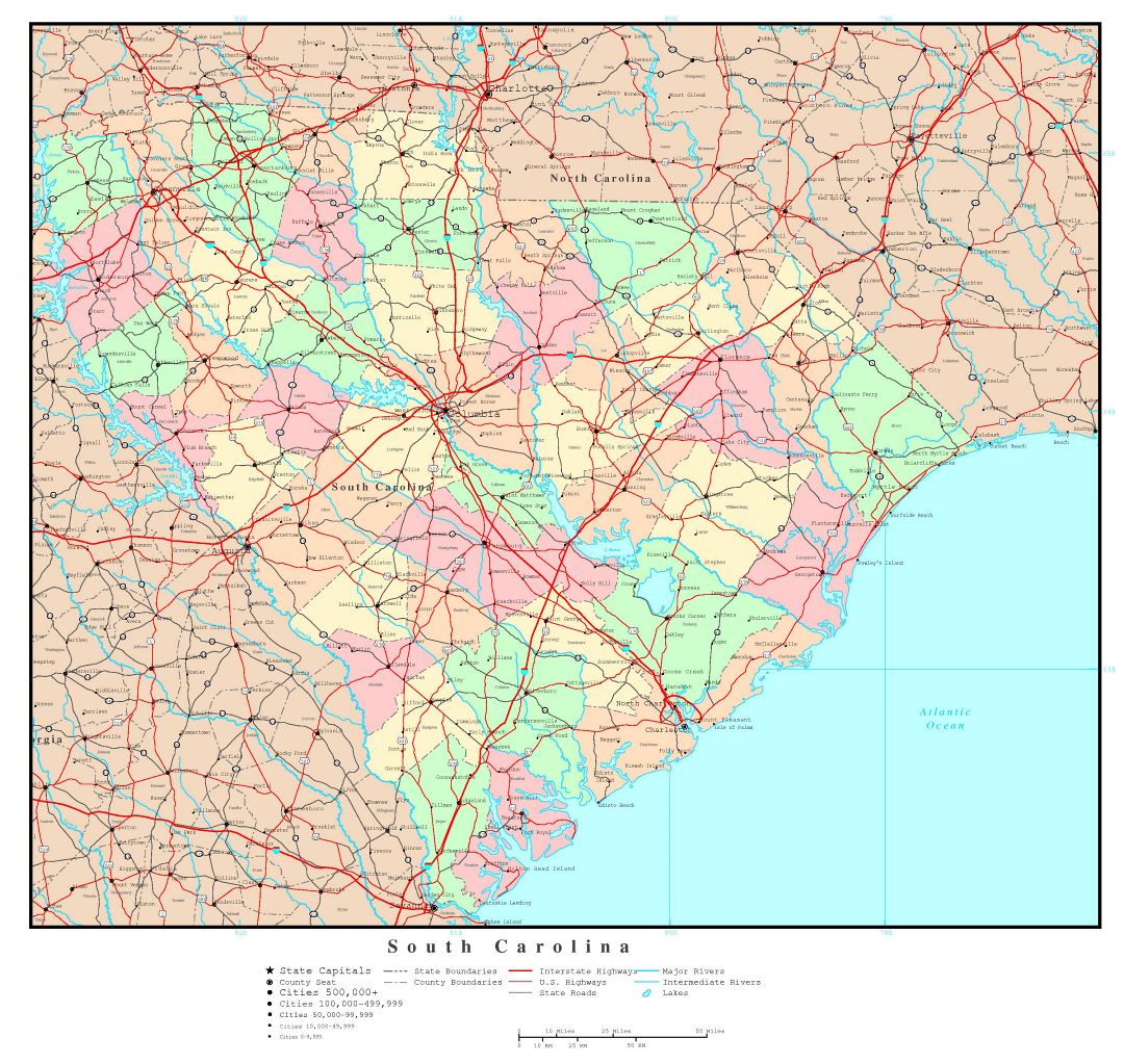 Large detailed administrative map of South Carolina state with roads, highways and major cities