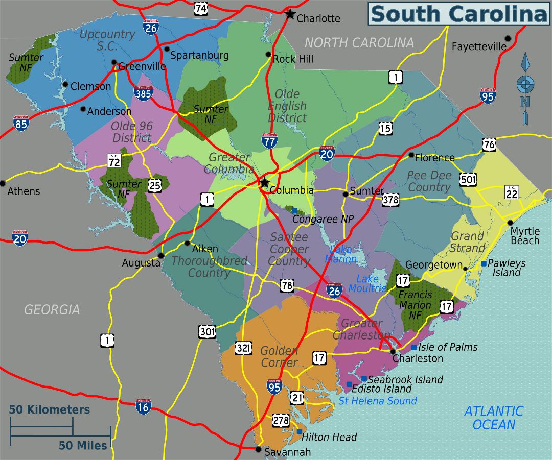 Large regions map of South Carolina state