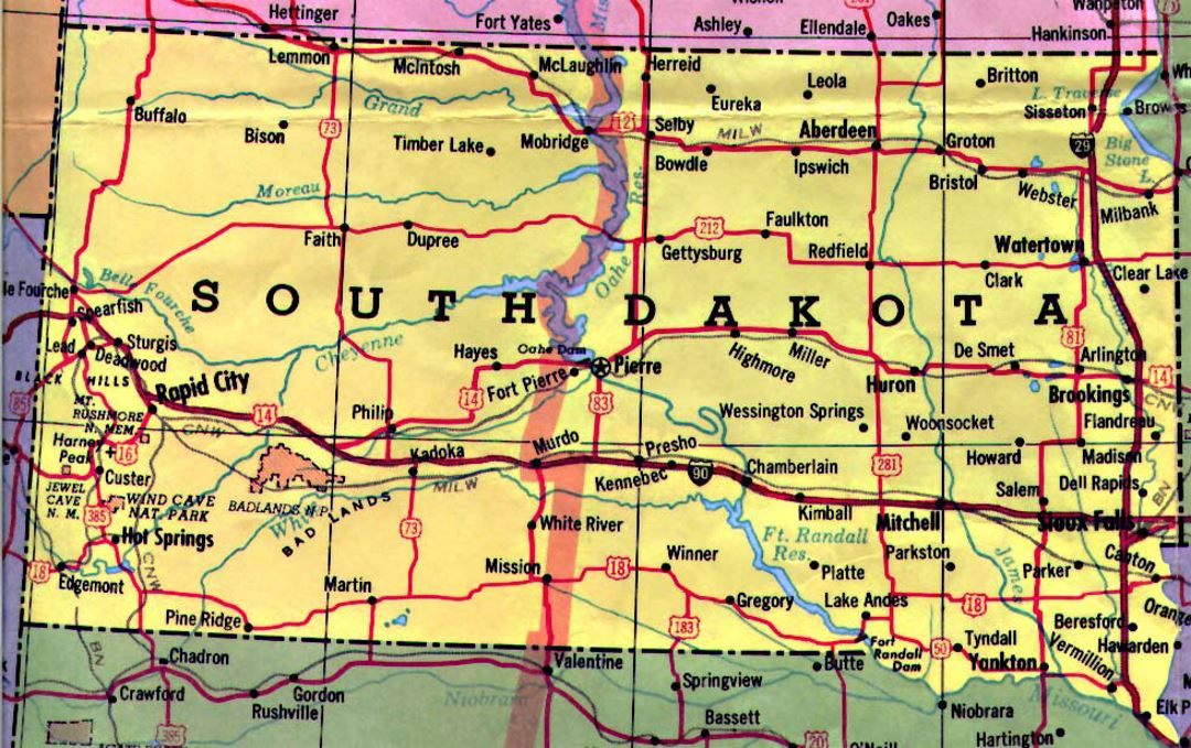 Highways map of South Dakota state