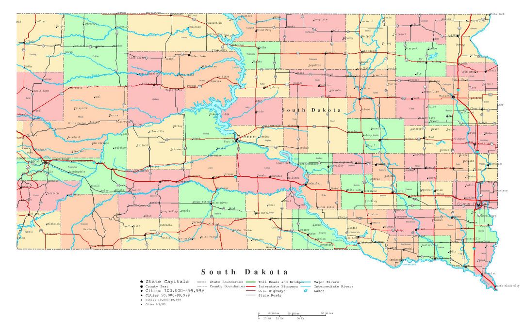 Large detailed administrative map of South Dakota state with roads, highways and cities