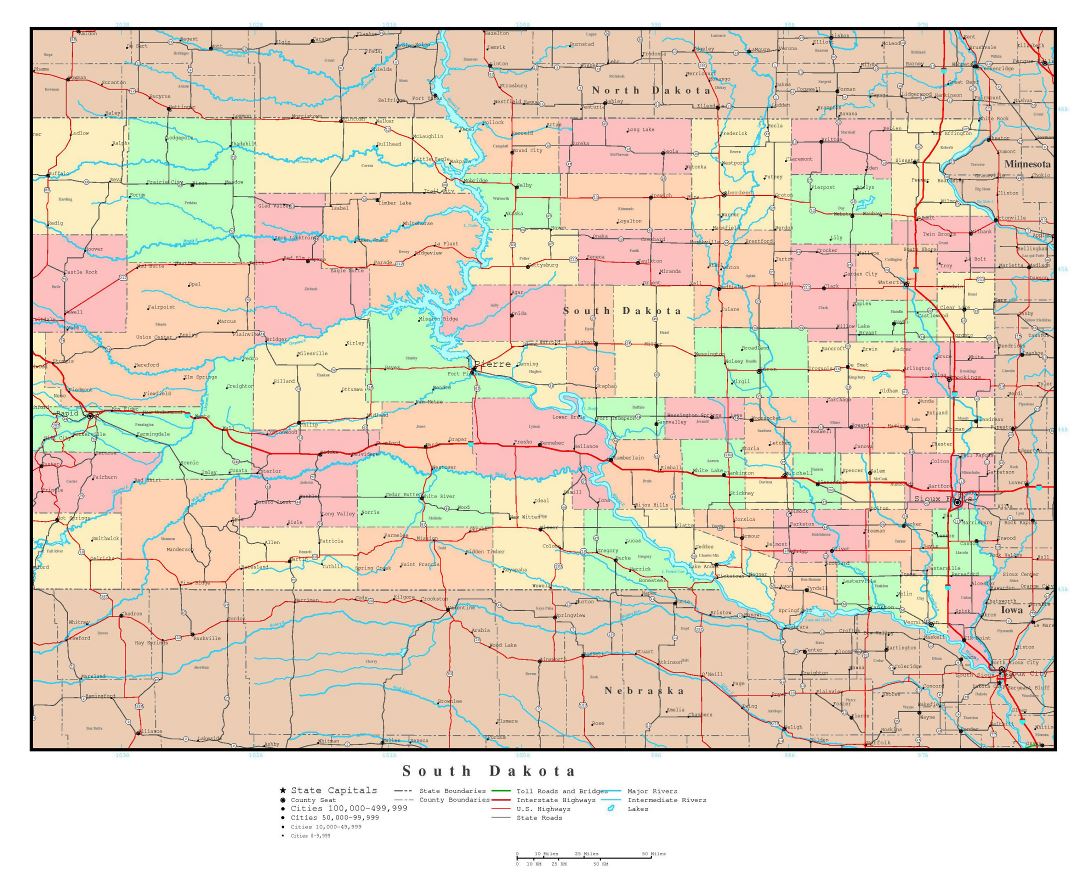 Large detailed administrative map of South Dakota state with roads, highways and major cities