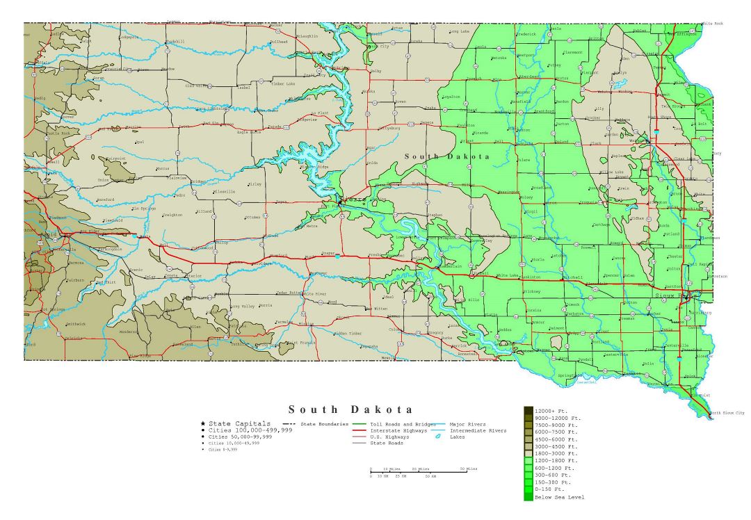 Large detailed elevation map of South Dakota state with roads, highways and all cities