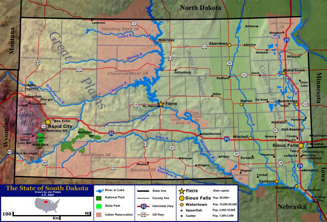 Large detailed general map of the state of South Dakota with relief