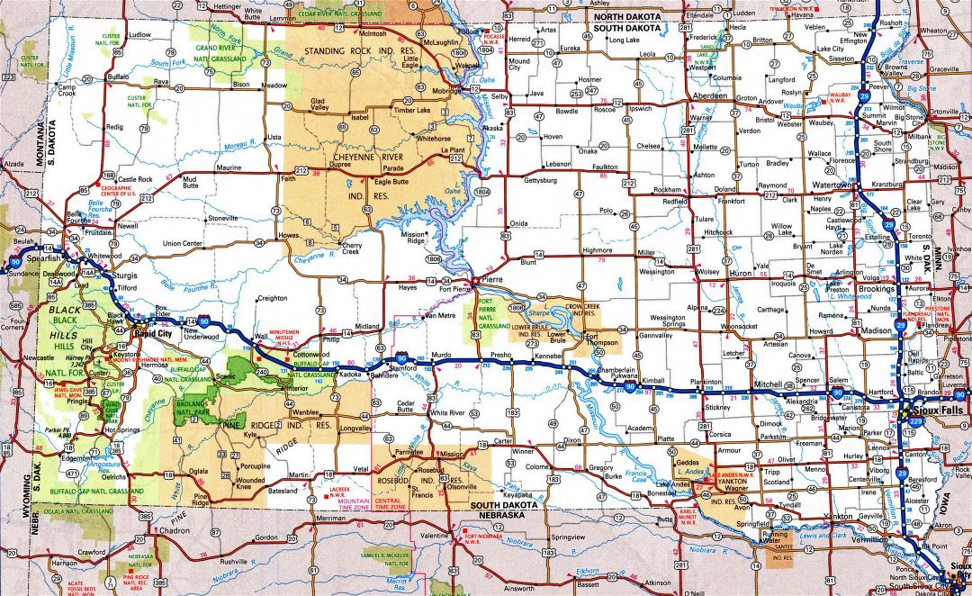 Large detailed roads and highways map of South Dakota state with all cities and national parks