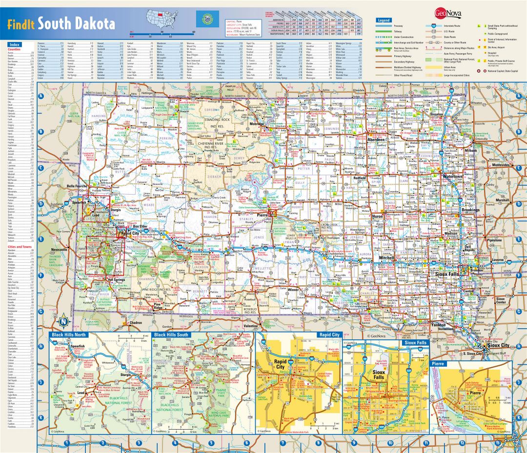 Large detailed roads and highways map of South Dakota state with national parks, all cities, towns and villages