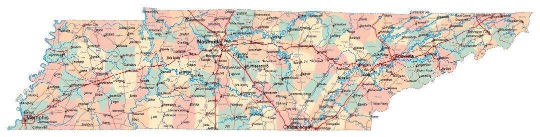 Large administrative map of Tennessee state with roads, highways and cities