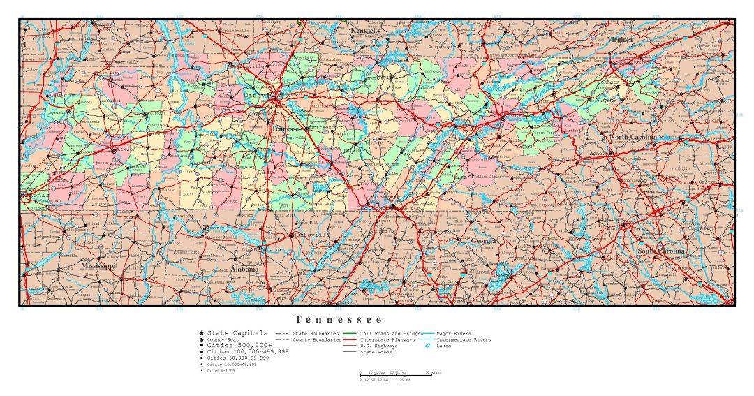 Large detailed administrative map of Tennessee state with roads, highways and major cities
