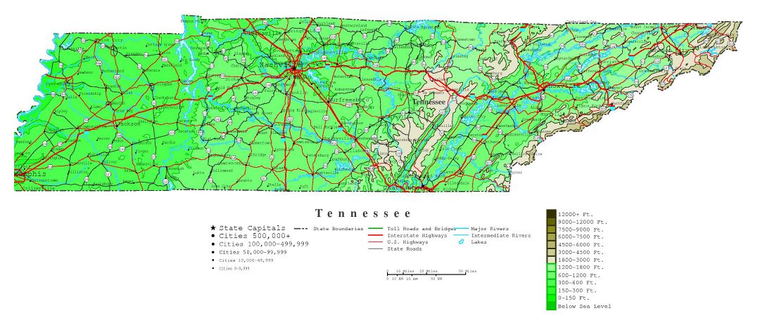 Large detailed elevation map of Tennessee state with roads, highways and all cities