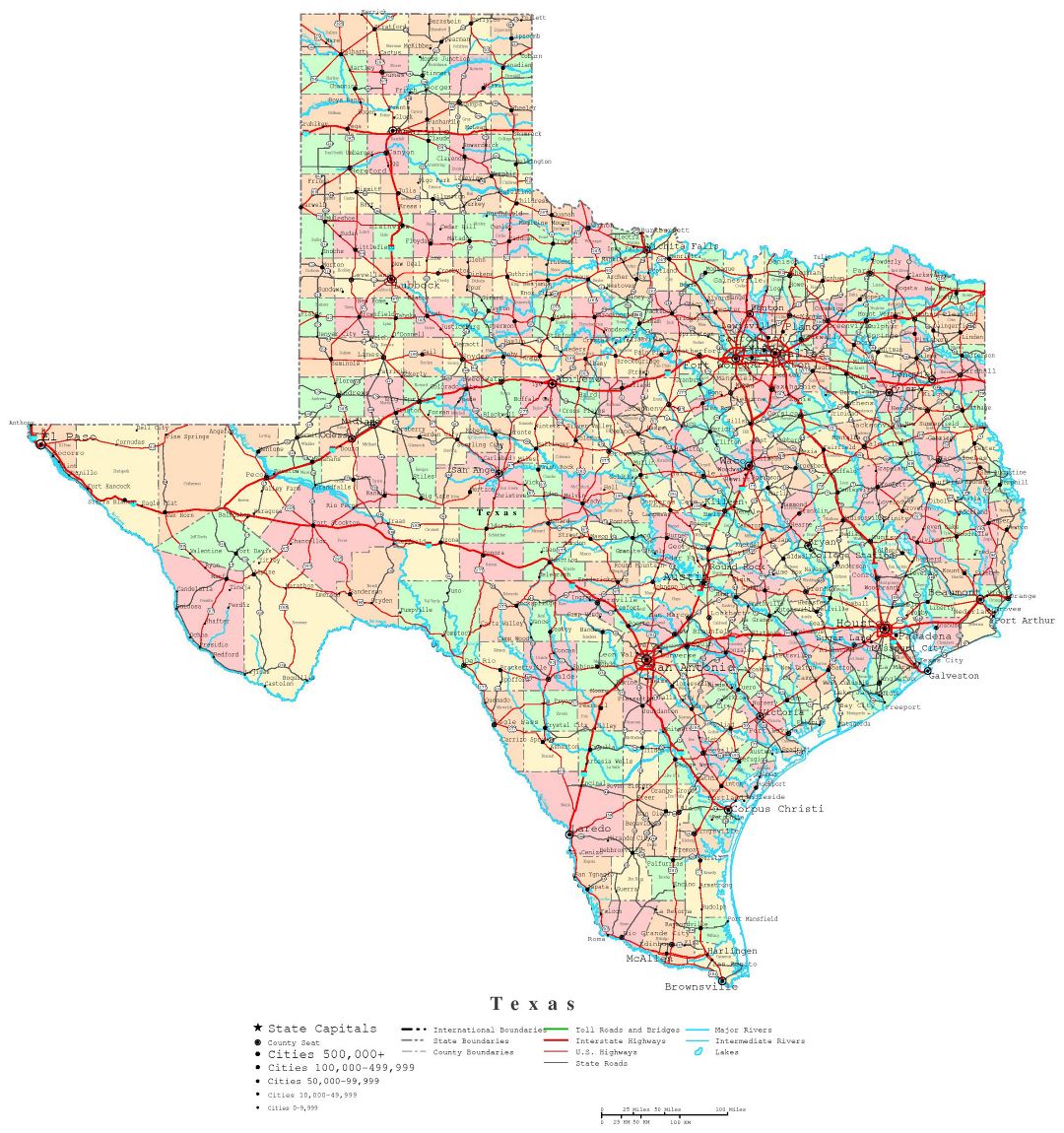 Large detailed administrative map of Texas state with roads, highways and cities