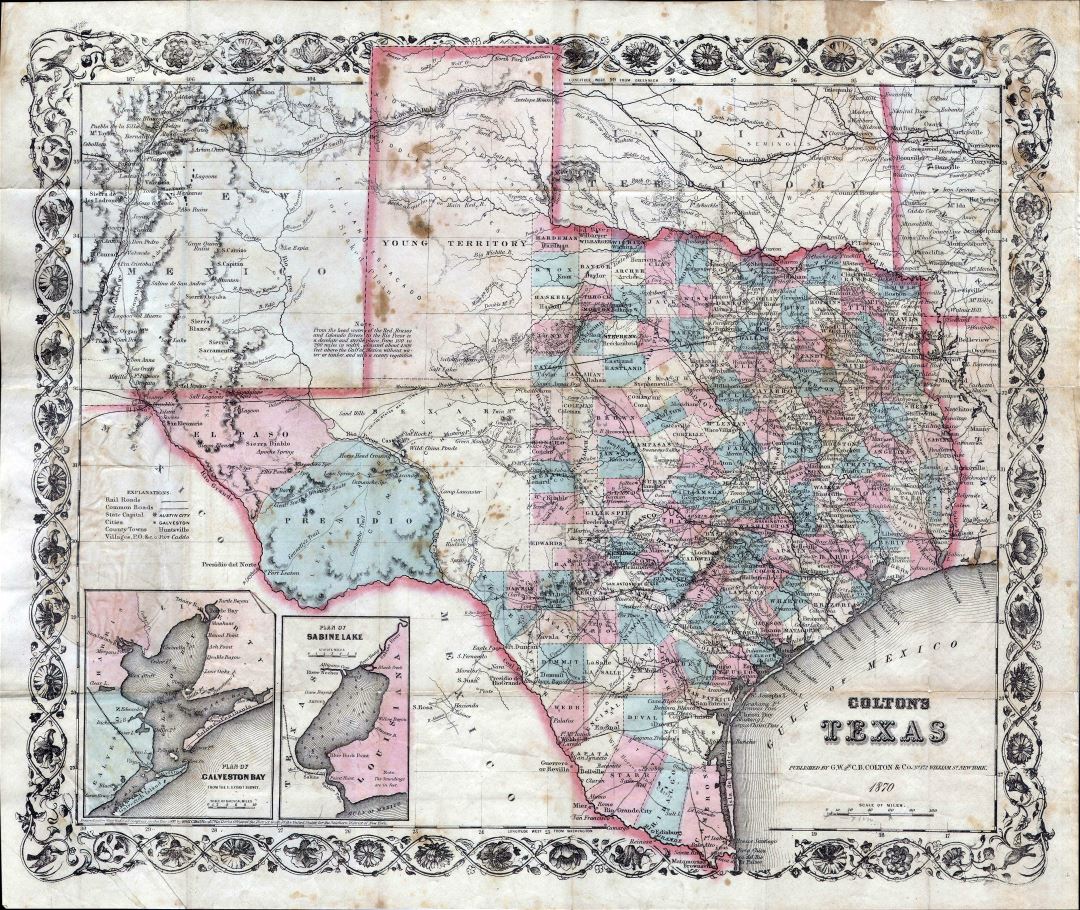 Large detailed old administrative map of Texas state with relief, roads, railroads and cities - 1870