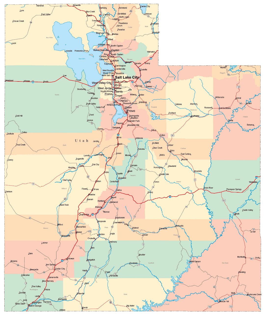 Large administrative map of Utah state with roads, highways and cities