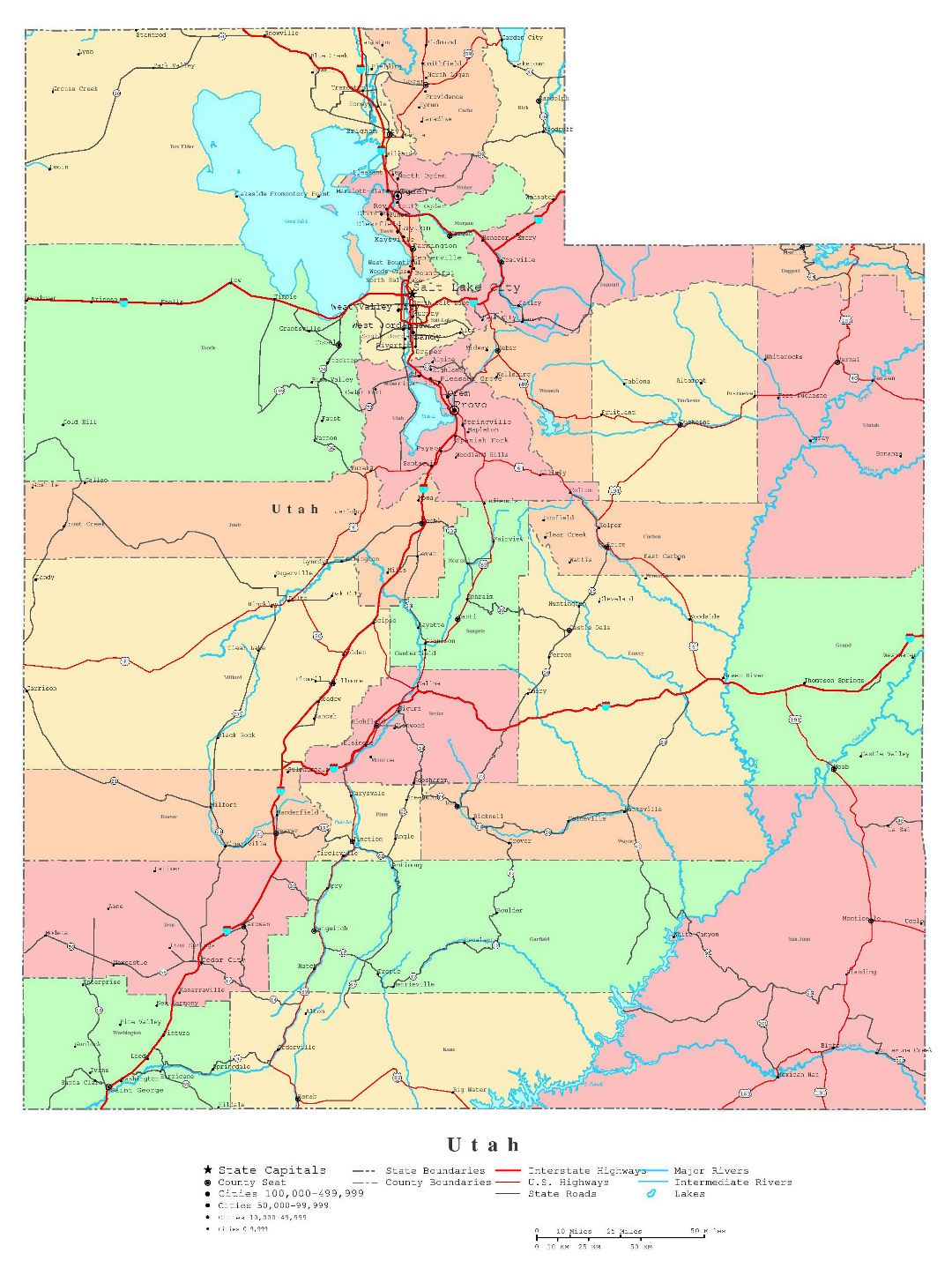 Large detailed administrative map of Utah state with roads, highways and cities