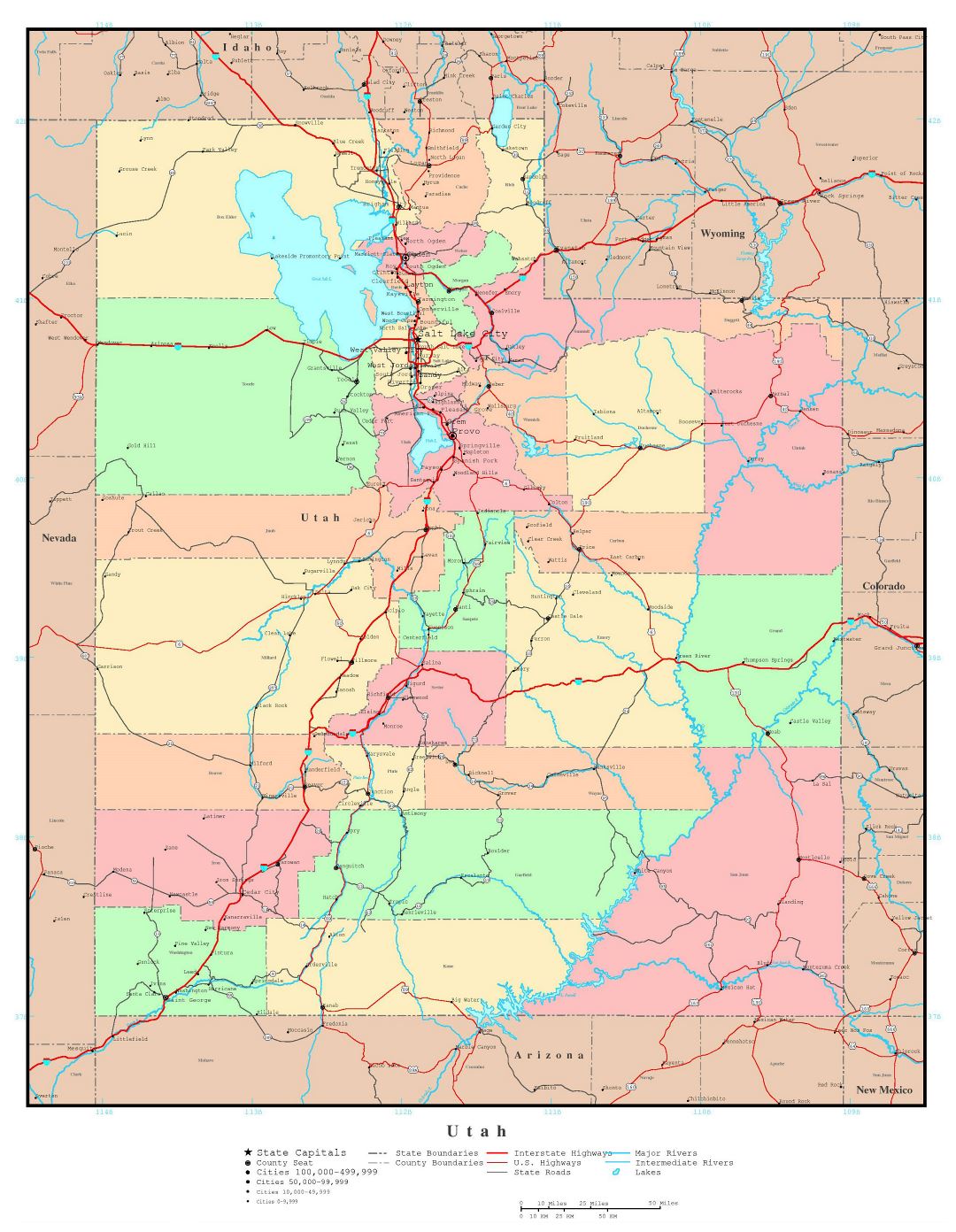 Large detailed administrative map of Utah state with roads, highways and major cities