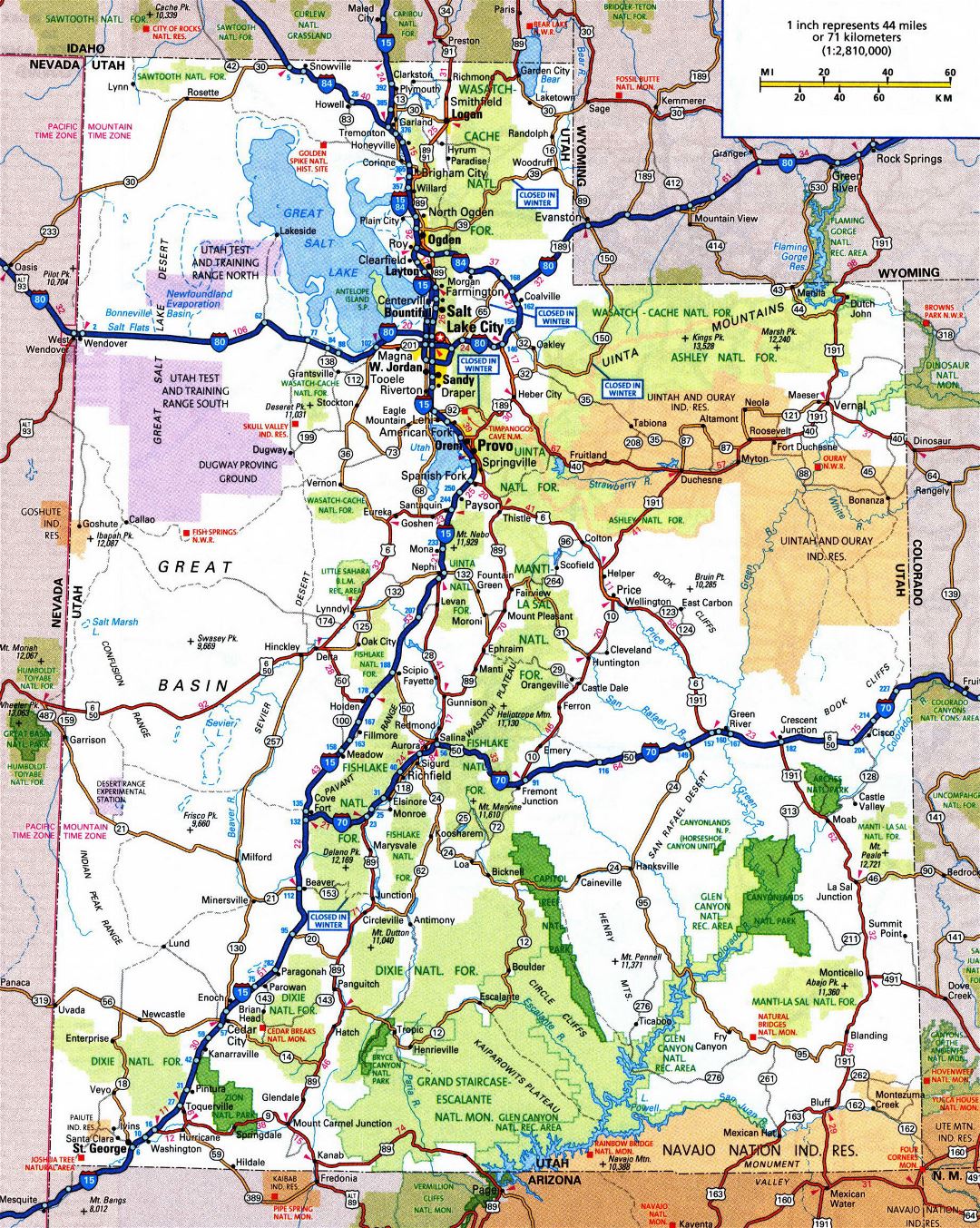Large detailed roads and highways map of Utah state with all cities and national parks