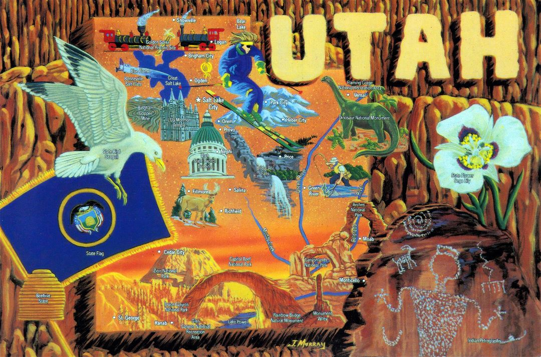 Large tourist illustrated map of Utah state