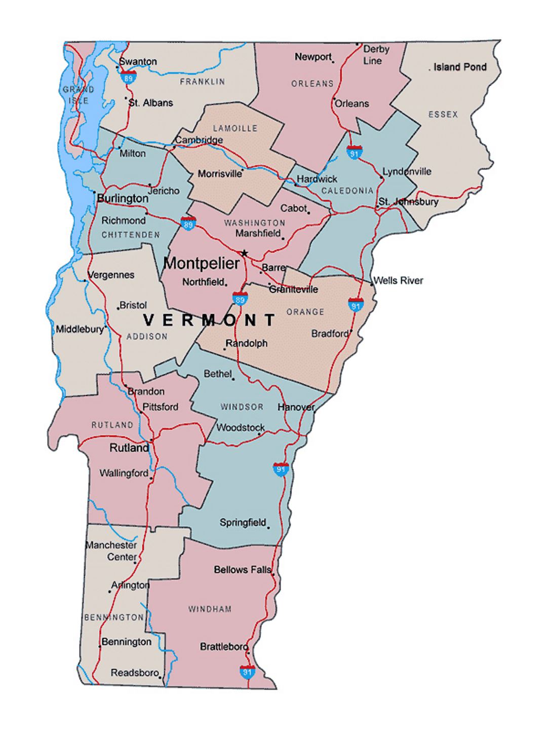 Administrative map of Vermont state with major cities