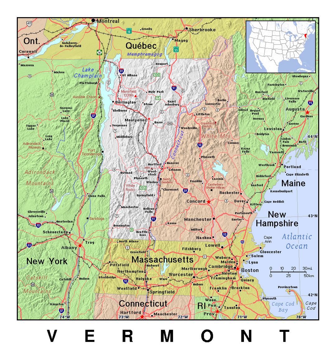 Detailed map of Vermont state with relief