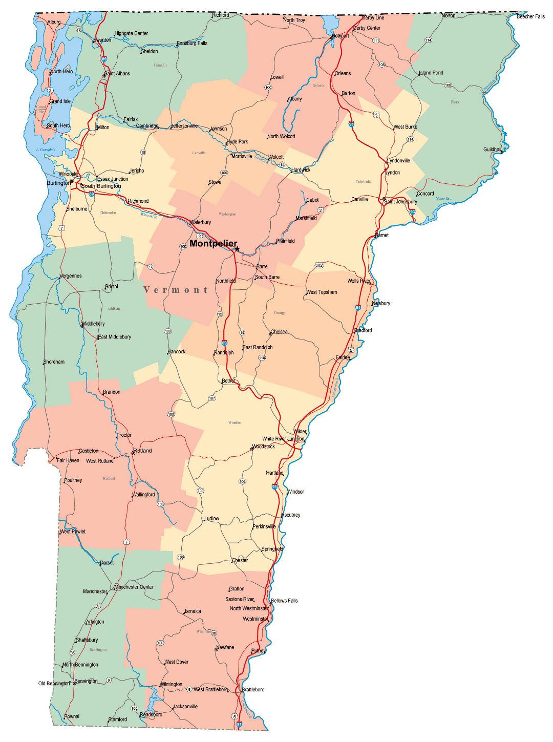 Large administrative map of Vermont state with roads, highways and cities