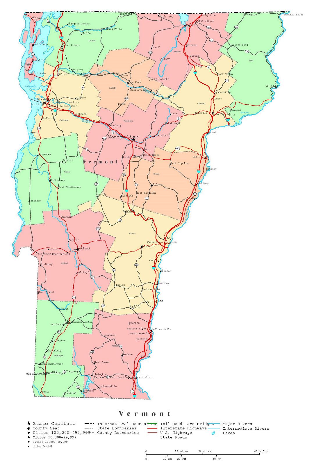 Large detailed administrative map of Vermont state with roads, highways and cities