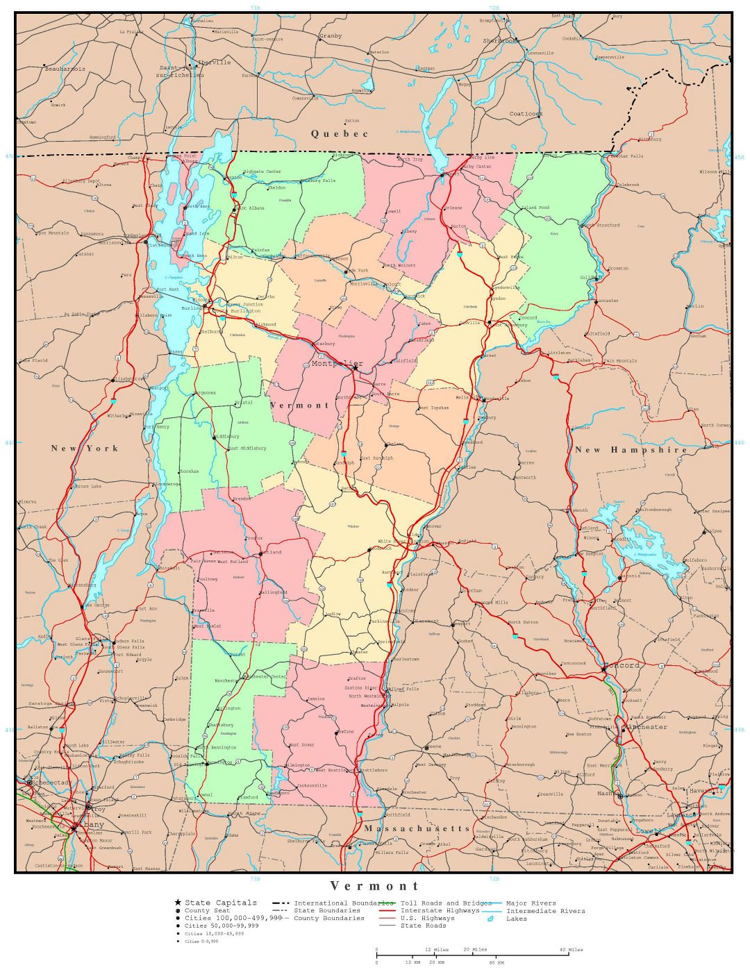 Large detailed administrative map of Vermont state with roads, highways and major cities