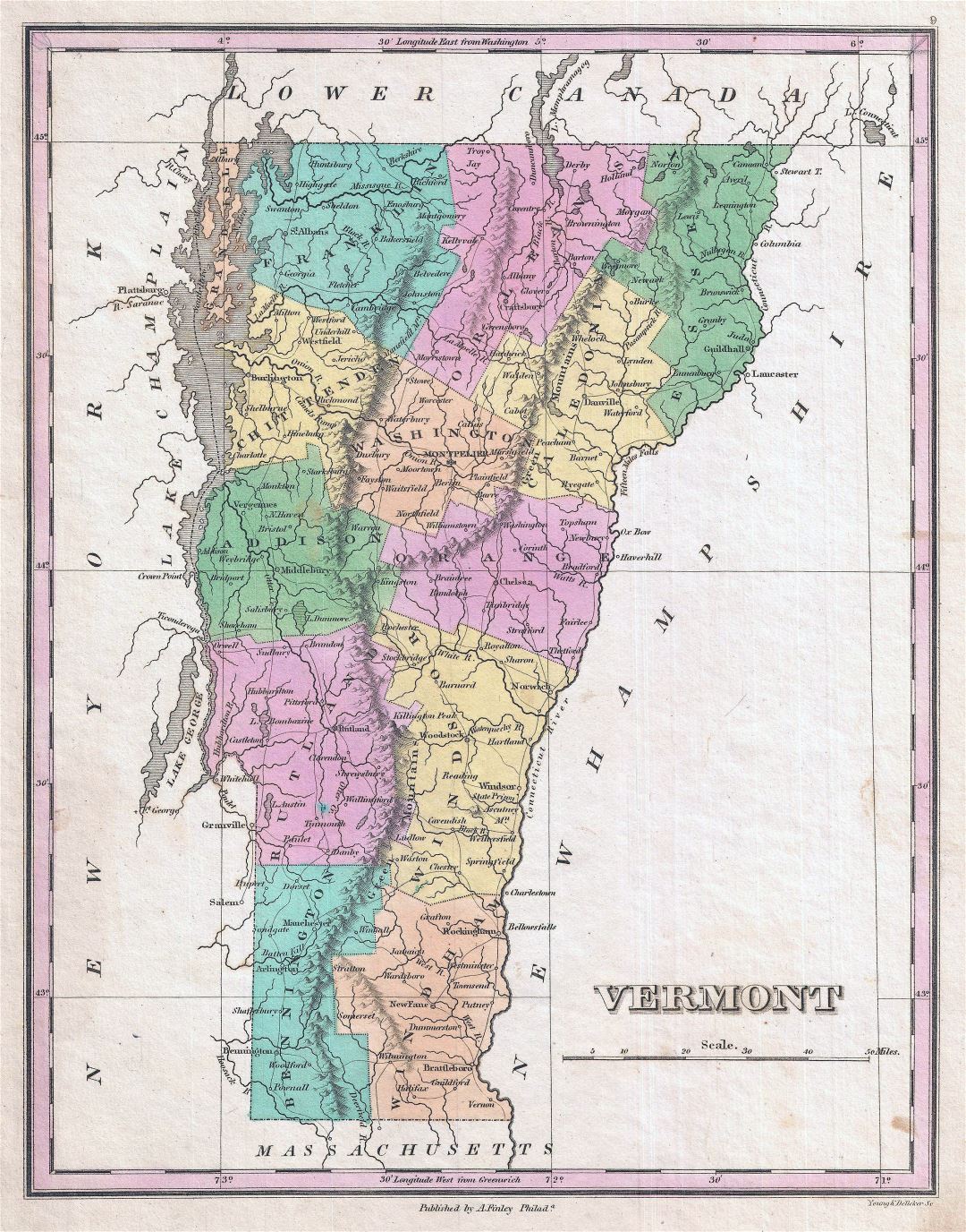 Large detailed old administrative map of Vermont state with relief and other marks - 1827