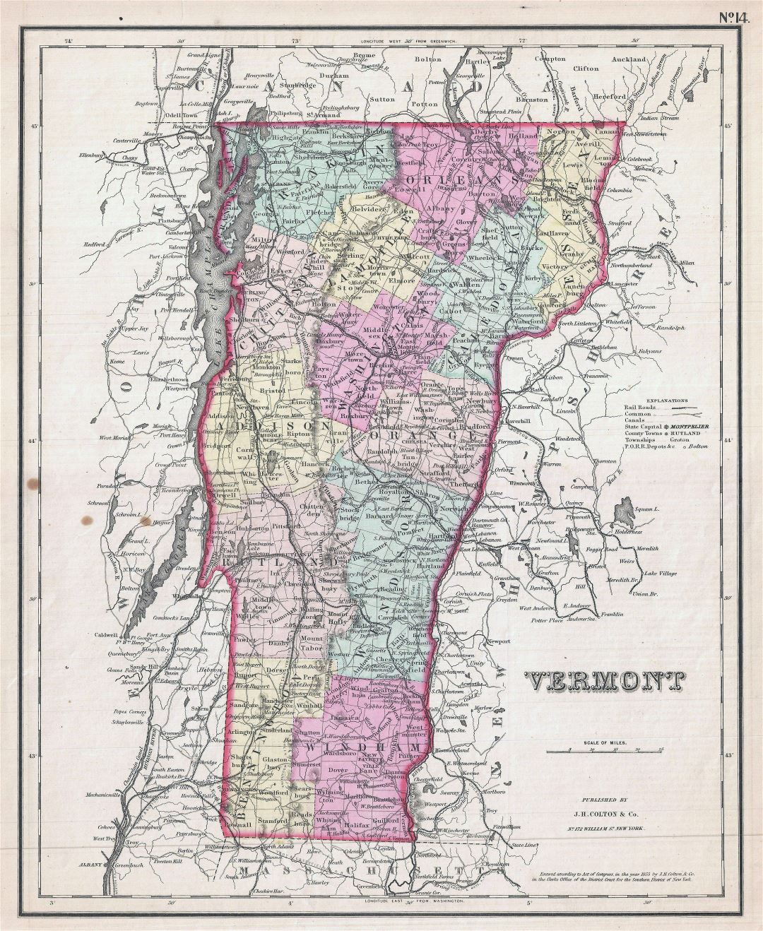 Large detailed old administrative map of Vermont state with relief, roads, cities and other marks - 1857