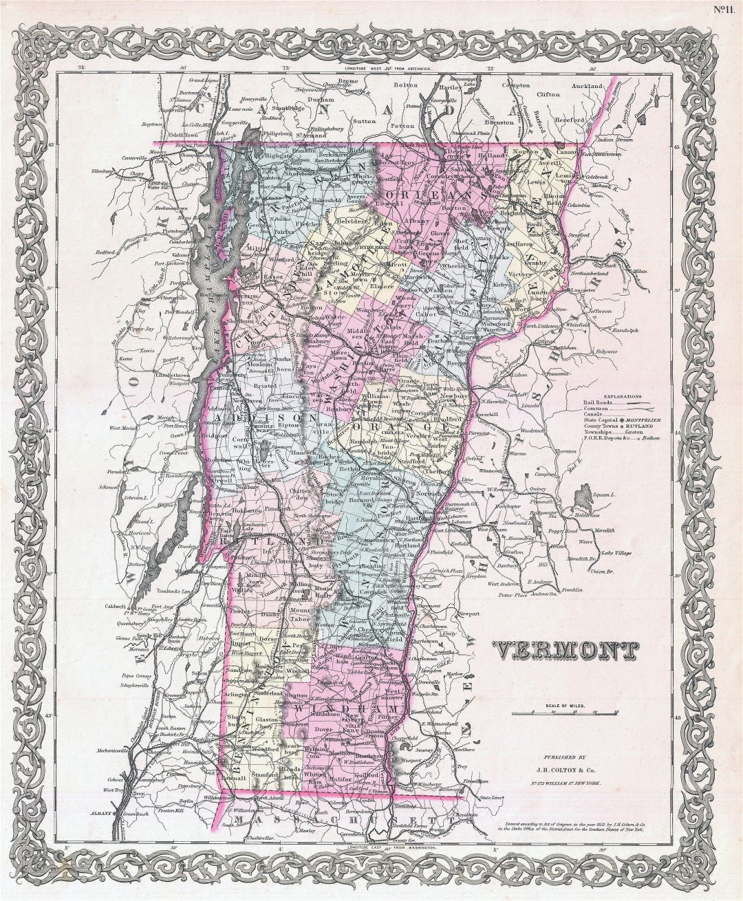 Large detailed old administrative map of Vermont state with relief, roads, railroads and cities - 1855