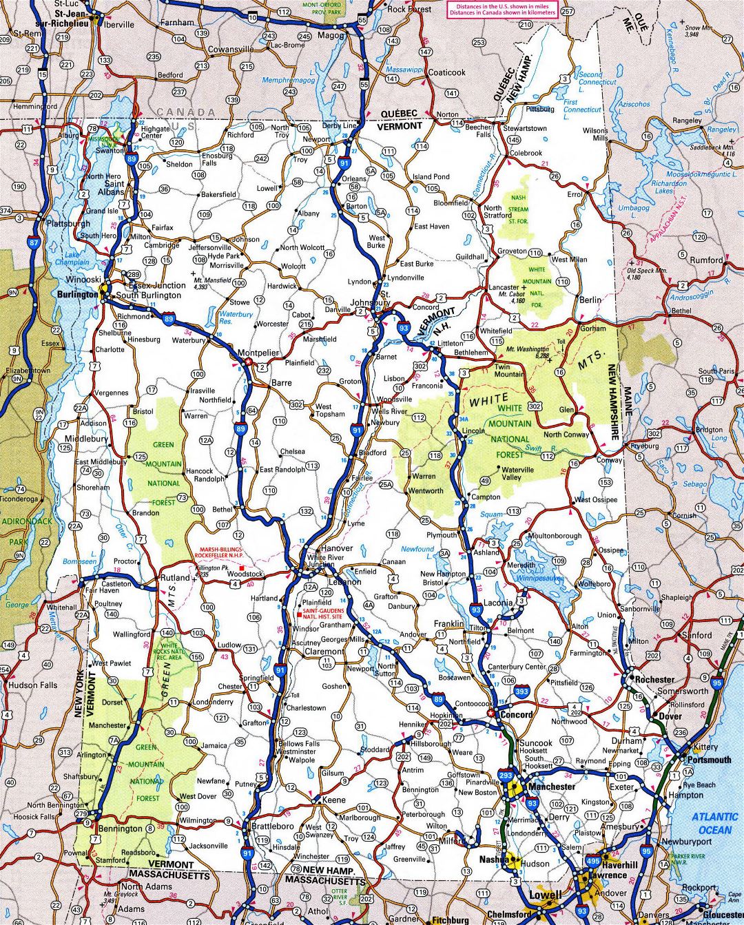 Large detailed roads and highways map of Vermont state with all cities and national parks