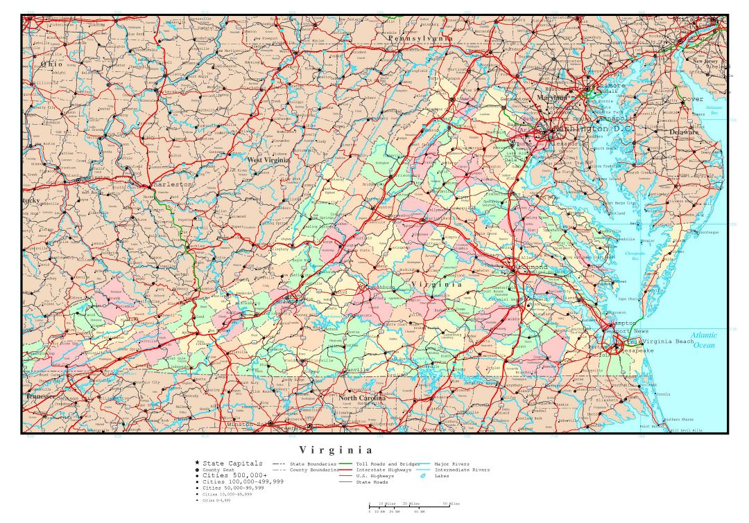 Large detailed administrative map of Virginia state with roads, highways and major cities