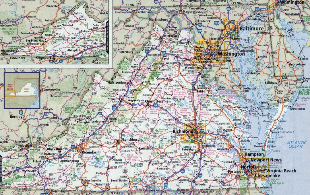 Large detailed roads and highways map of Virginia state with all cities